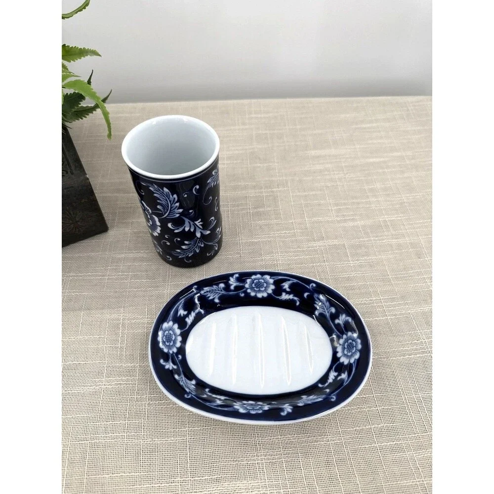Blue & White Floral Bathroom Set Soap Dish & Tumbler Cup Vintage Bath Decor
